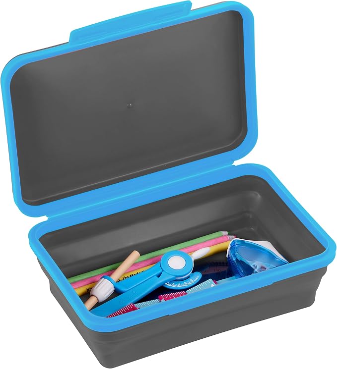 It's Academic Flexi Storage Box with Lid, Collapsible Pencil Case Design for Craft and School Supplies, Blue/Black