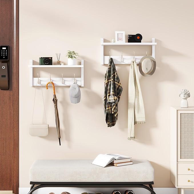 YMYNY Coat Rack Wall Mount with Shelf and Hooks, White UHWS001W-2 | 2 Pack Wooden Wall Mounted Coat Hanger with Shelf and 8 Double Hooks, Wall Coat Rack for Entryway Hallway Bedroom Bathroom