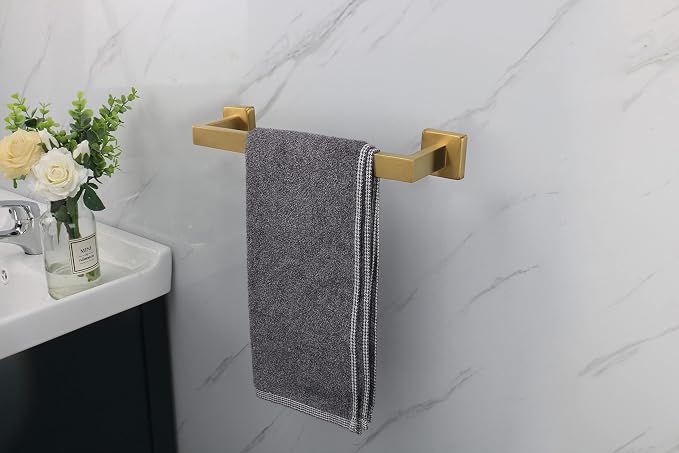 TocTen Bath Towel Rack - Square Base Thicken SUS304 Stainless Steel Towel Bar for Bathroom, Bathroom Accessories Towel Rod Heavy Duty Wall Mounted Towel Holder. (Brushed Gold, 12)