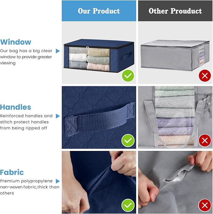 HomeHacks 8-Pack Clothes Organizer Storage Bags, 35L Storage Bins, Blue | Foldable Storage Box Container with Zippers, Clear Window, Reinforced Handles for Closet, Dorm, Pillows, Bedding, Sweater