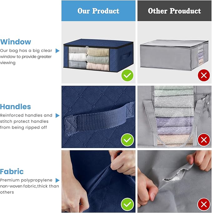 HomeHacks 4-Pack Clothes Organizer Storage Bags, 35L Storage Bins, Blue | Foldable Storage Box Container with Zippers, Clear Window, Reinforced Handles for Closet, Dorm, Pillows, Bedding, Sweater