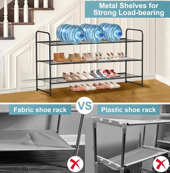 AOODA Long 3 Tier Metal Shoe Rack for Closet Wide Stackable Shoe Storage Organizer for Entryway, Bedroom, Floor, 24-Pairs Men Sneakers Shoe Shelf with Wire Grid, Black