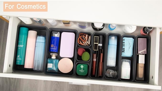 Kutesna 25PCS Interlocking Drawer Organizer, Plastic Desk Organizer Set | 4-Size Versatile Storage Bins,BPA-free, Non-slip, Fits Any Drawer for Cosmetics, Bathroom, Tools, Kitchen and Office