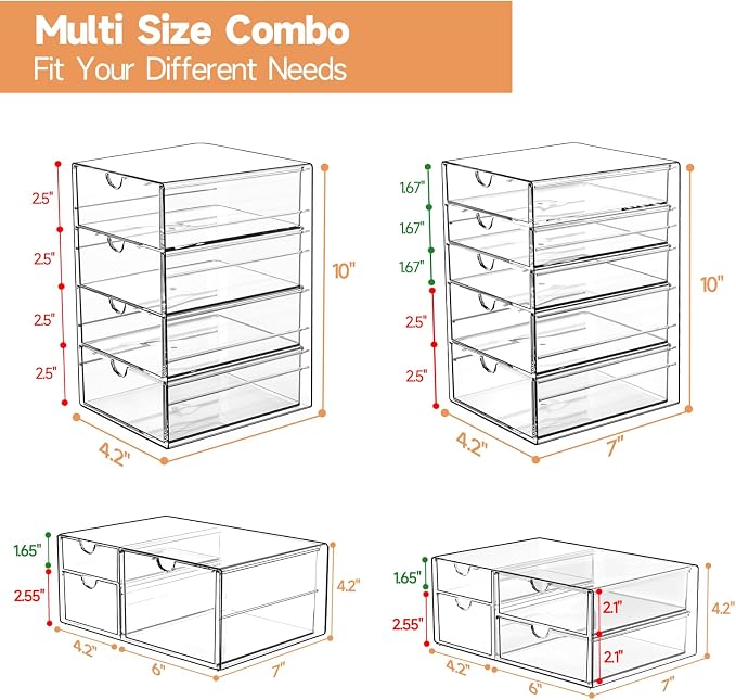 DOMNIU Acrylic Makeup Drawer Storage Organizer with 16 Drawers, 4 Set | Office Desk Organization and Storage, Dustproof Drawer Organizer for Makeup, Countertop, Jewelry, Desktop, Bathroom, Bedroom