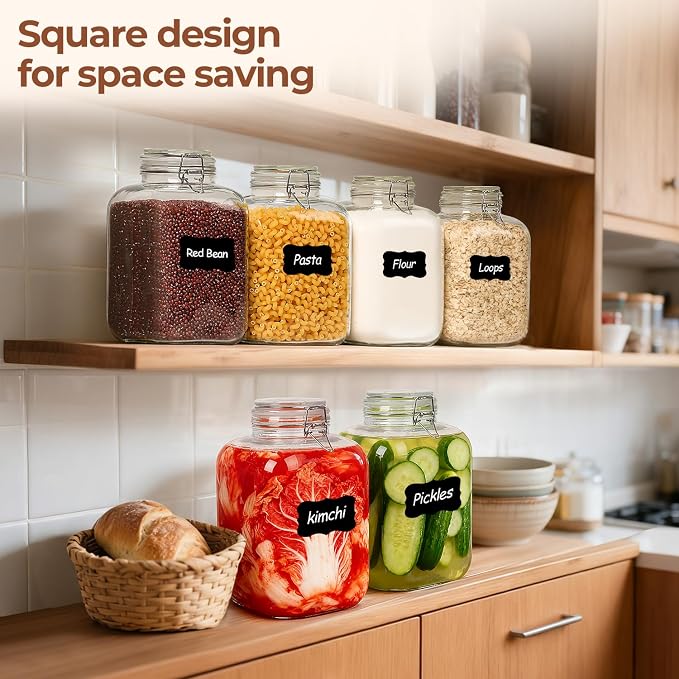 ComSaf Square Glass Jars with Airtight Lid 1.3 Gallon 2 Pack Large Canister | Flour sugar rice, Kombucha pickling, Pantry organization, Bulk storage, Pickling fermenting, Cabinet organization, Snacks