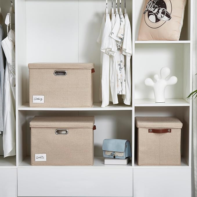 15" Large Collapsible Storage Bins with Lids, Stackable Closet Organizers with PU Handle and Labels, 3-Pack Decorative Fabric Storage Boxes for Home, Bedroom, Closet, Office, Nursery(Khaki)