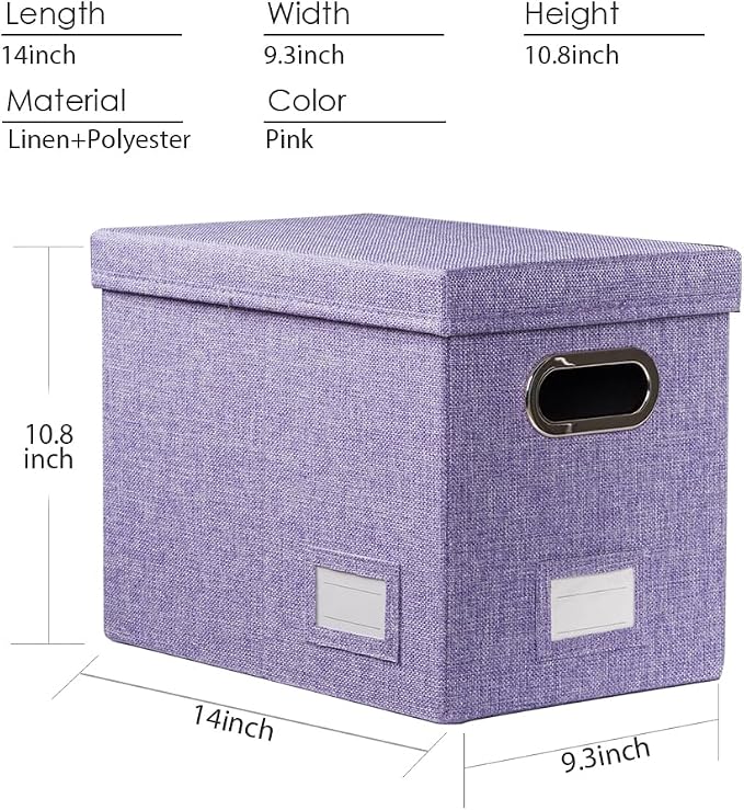 File Organizer Box - Set of 1 Collapsible Decorative Linen Filing Storage Hanging File Folders with Lids Office Cabinet Letter Size Purple (14x9.3x10.8 inch)