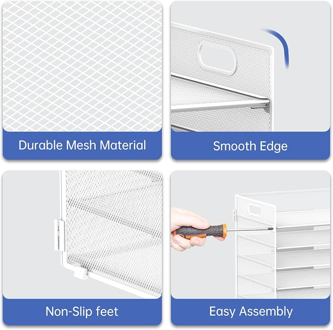 7 Tier Paper Organizer for Desk with Letter Trays & Handle White | Black Desk File Organizer with Handle for Sorting Papers, Files, Folders, Mail, Bills and Office Supplies