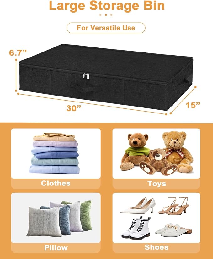 punemi Under Bed Storage Container, 2 Pack Underbed Storage Bags With Lid, Foldable Sturdy Clothes Storage Organizer W/ 3 Handles, Ultra Thick Fabric Blanket Shoe Storage Box, 30x15x6.7inch, Black | Sturdy Ultra-Thick Fabric, with Zipper Lid & 3 Handle...
