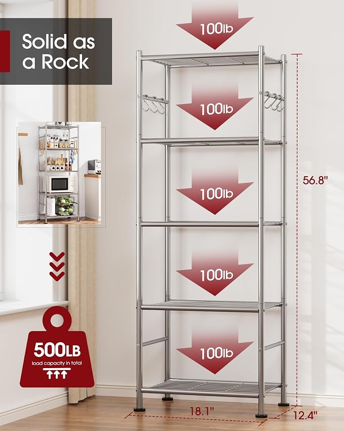 Sakugi Storage Shelves - 5-Tier Large Capacity Shelf Organizer with Hooks, Heavy-Duty Garage Shelving with Leveling Feet, Wobble-Free Rack for Bedroom, Balcony, Garage, 18.1"×12.4"×56.8", Silver