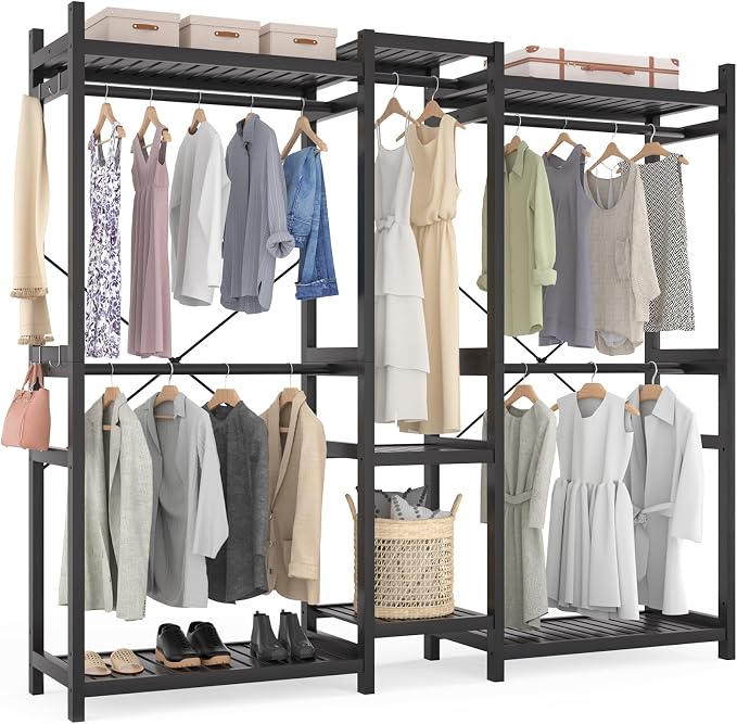 Bamboo Closet System Clothes Rack, Large Freestanding Garment Rack Clothing Rack for Hanging Clothes with 7 Storage Shelves and 5 Rods, Open Wardrobe Organizer with 4 Hooks, Black