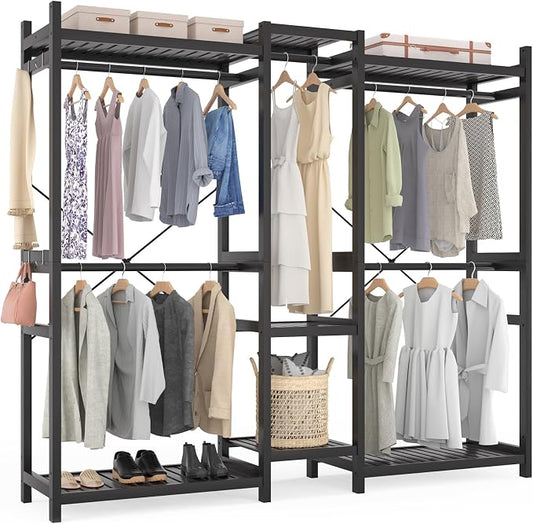 Bamboo Closet System Clothes Rack, Large Freestanding Garment Rack Clothing Rack for Hanging Clothes with 7 Storage Shelves and 5 Rods, Open Wardrobe Organizer with 4 Hooks, Black