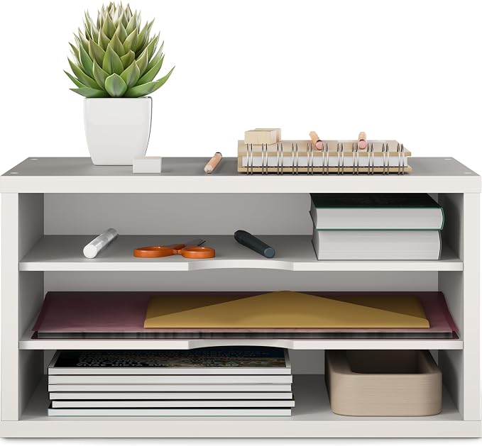Ballucci File Organizer, 3-Tier Document Paper Sorter, Stackable Wood Desk Organizer, Mail Sorter and Monitor Stand with Storage Shelves, White