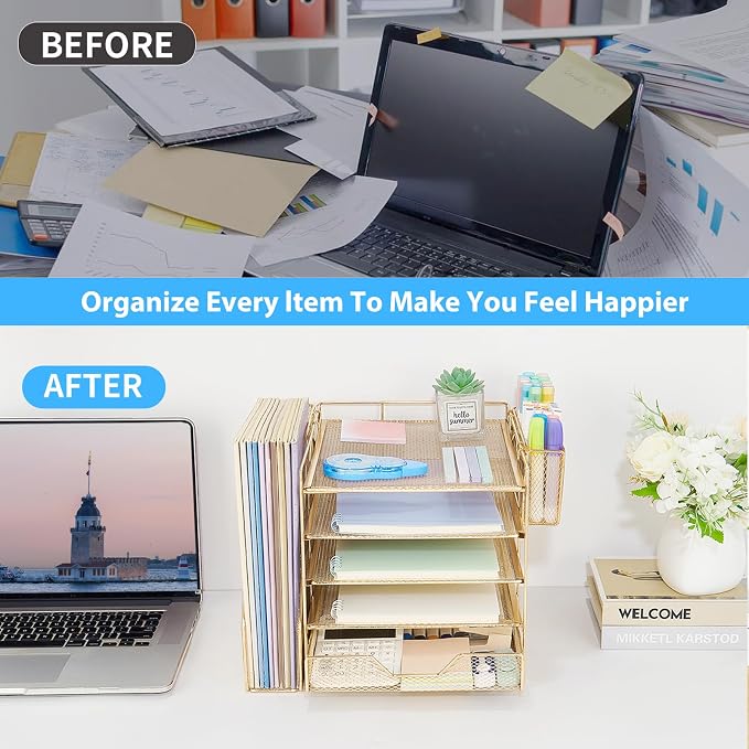 Desk Organizers and Accessories, 5-Tier Paper Letter Tray Organizer with File Holder, Drawer & Pen Holder, Office Desk Accessories, Desktop Organizer for Classroom Office Supplies, Gold