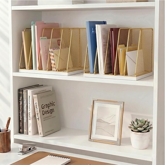 5-Section Vertical File Organizer for Desk, Gold | Sturdy Wood Base, Metal Mesh, Desktop File Holder, Upright Paper Folder Sorter