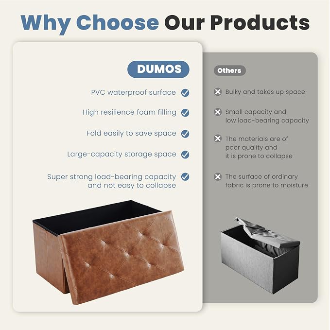 DUMOS 30 Inch Folding Storage Ottoman Bench, Hidden Ottoman with Storage | Storage Chest with Padded Seat, End of Bed Foot Rest Stool for Bedroom Living Room, Load 660 lbs, Synthetic Leather, Brown