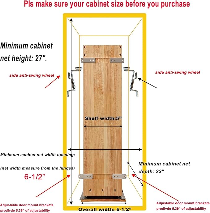 DINDON Pull Out Spice Rack Cabinet Organizer, (5" W x 21.9" D x 25.2" H) Multi-Use Soild Wood Pull Out Cabinet Organizer With 4 Movable Stainless Steel Cutlery Storage Buckets for Kitchen Organization