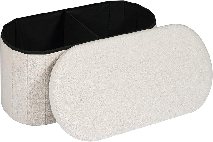30 Inches Oval Storage Ottoman Bench, Foldable Footrest | Teddy Boucle Fabric, Hidden Storage, Soft Padded Seat, Compact Ottoman for Living Room, Bedroom, Dorm, White