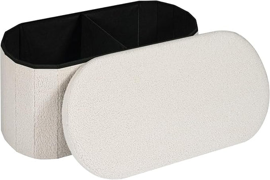 30 Inches Oval Storage Ottoman Bench, Foldable Footrest | Teddy Boucle Fabric, Hidden Storage, Soft Padded Seat, Compact Ottoman for Living Room, Bedroom, Dorm, White