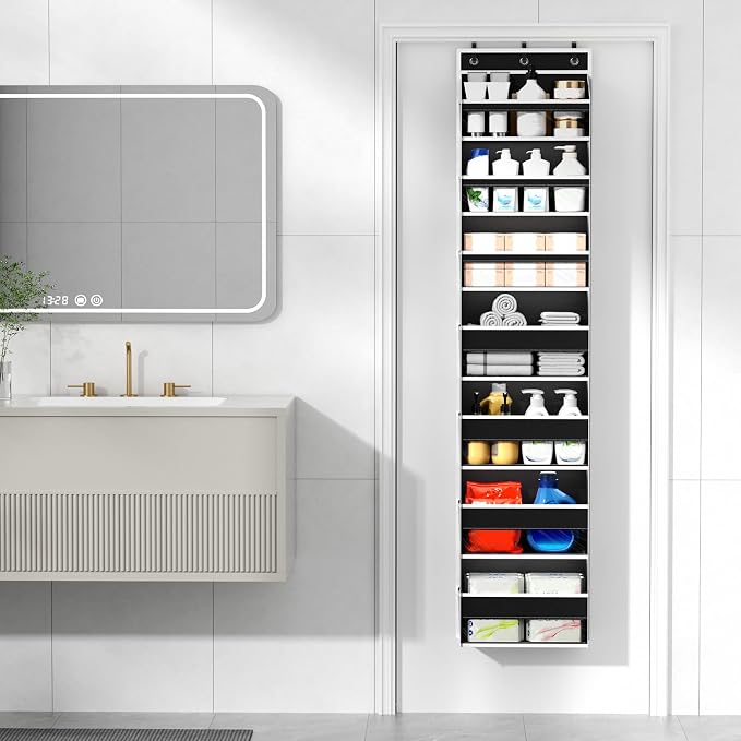 Mefirt Over The Door Organizer, 7 Tier Door Hanging Organizers with 7 Large Pockets 12 Side Pockets, Behind Door Storage Hanging Shelves for Closet Bathroom Bedroom Nursery