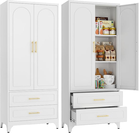 SteeLoong 75" Kitchen Pantry Cabinet, Metal Storage Cabinet with 2 Drawers | White Pantry Cabinets for Kitchen Storage with 2 Adjustable Shelves,Tall Freestanding Cupboard for Living Room,Kitchen,Garage