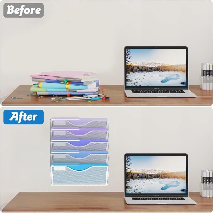 Gawerk 5 Tier Hanging Wall File Organizer, Mesh Mail Paper Orgnization Hanging File Folder Holder for Home Office, White