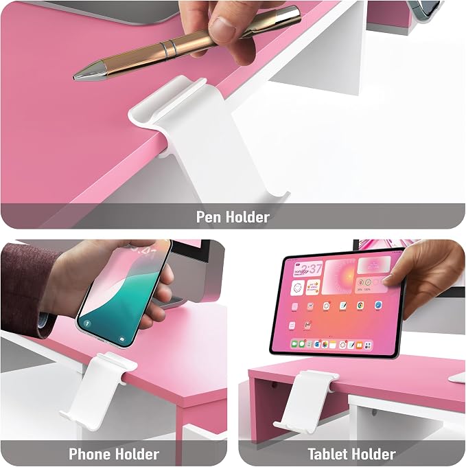 Simple Houseware Desk Dual Monitor Stand Riser with Drawer, Pink | Customizable Organizer Tray, Built-In Phone & Tablet Slot and Side Storage