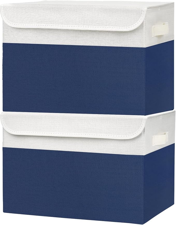 Bagnizer Large 42 Quarts Fabric Storage Bins with Lids [2-Pack] Linen Collapsible Foldable Baskets, Closet Organizer Containers boxes with Handles for Home Office (16.7 x 12 x 12, Navy Blue & White)
