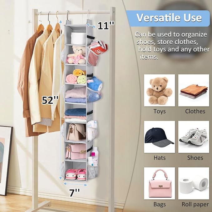 SLEEPING LAMB 8 Shelves Hanging Shoe Rack Hanger, Narrow Hanging Shoe Organizer for Closet Storage Clothes, Gloves, Bags, with 8 Large Mesh Pockets to Hold 16 Pairs Shoes in Dorm, Grey