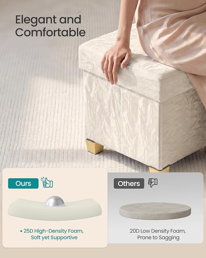 SONGMICS Storage Ottoman Bench, PU Leather Foldable Footrest with Padded Seat, 43.3 x 15 x 15.7 inches, Light Warm White, Sturdy Space Saving Chest for Bedroom, Minota Collection ULSF524WD01