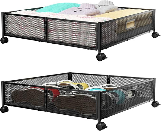 PHINOX Under Bed Storage with Wheels & Handle,Metal,Large,2 Pack,Black | Tool-free assembly, glide smoothly, easy reach, foldable, maxmazie low-profile beds, dorm, keep seasonal clothes, shoes fresh