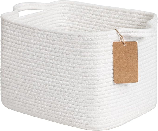 Goodpick Small Woven Rope Storage Basket for Shelves, White | 13 × 10 × 9 in, Rectangle, Handles, Shelf & Nursery Organization, Toys, Books, Towels & Daily Essentials Storage