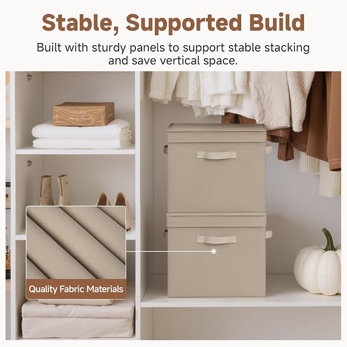 StorageWorks Storage Bins with Lid, Decorative Fabric Storage Bins with Handles, Stackable Closet Organizers for Shelves and Bedroom, Large, Light Brown, 2-Pack