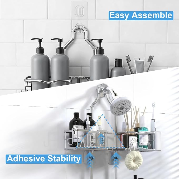 Shower Caddy Hanging Organizer Over Showerhead with Hooks, Silver | Rustproof Hanging Shower Organizer for Handheld Showerheads, Shower Shelves Rack with Razor Soap Holder, Toothbrush Holder