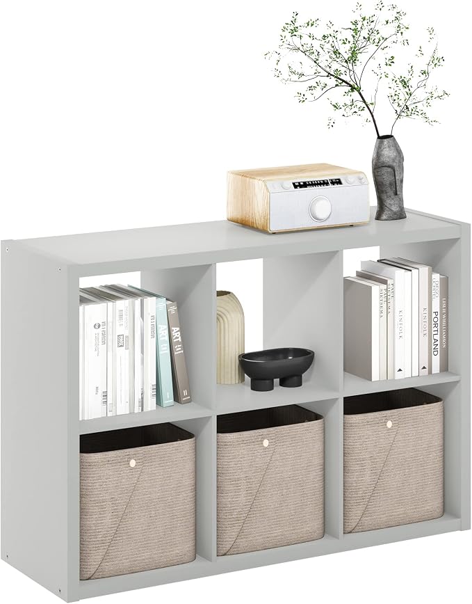 6-Cube Cubicle Bookshelf, Cube Bookcase with Open Back, Reversible Book Shelf, Cube Storage Organizer, 15 x 44 x 30, for Living Room, Home Office, Light Grey