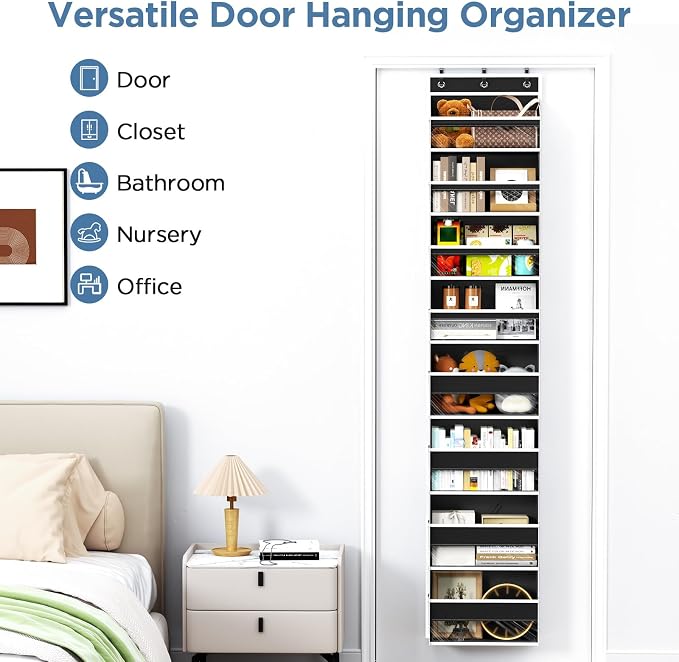 Mefirt Over The Door Organizer, 8 Shelf Door Hanging Organizers with 8 Large Capacity Pockets, Back of Door Organizer Storage Hanging Shelves for Closet Bathroom Bedroom Nursery