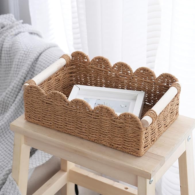 Wicker Storage Baskets, Scalloped Shelf Baskets, 2-Pack | 2 scalloped wicker baskets in large and small sizes; decorative shelf organizers with handles for bathroom and home storage.