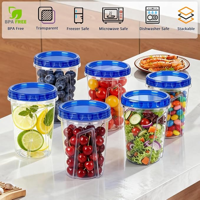 8 Pack 34oz Reusable Freezer Storage Containers with Twist Top Lids Airtight, Clear Plastic Soup Freezer Containers, Quart Food Storage Containers with Lids for Fruit Meal Prep Leftover Lunch Salad