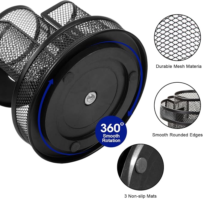 Comix Mesh 360° Rotating Pen Holder, Desk Organizer for Home Office, Black | 5 Compartment Pencil Holder, Sticky Notes Holder, Pen Organizer Office Supplies