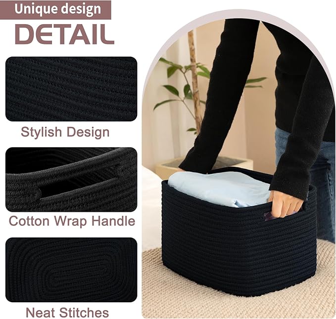 OIAHOMY 4 Pack Storage Baskets for Organizing, Cube Storage Bins for Shelves, Rectangle Storage Baskets With Handles, Woven Baskets for Storage, 16''Lx12''Wx8''H, Black