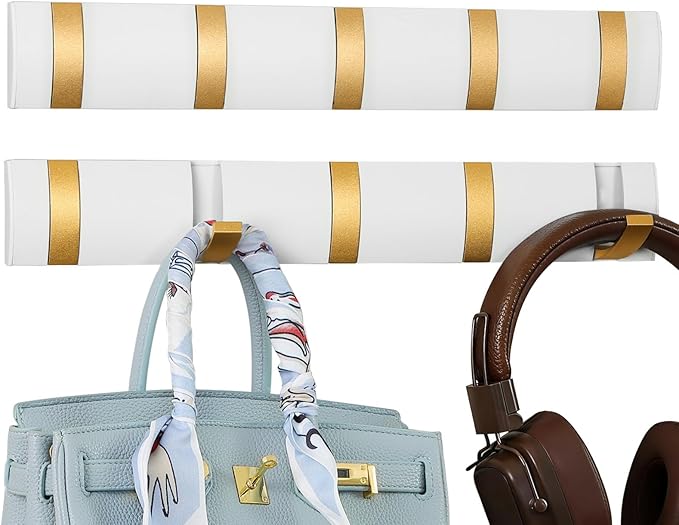 2 Pack Foldable Stylish Modern Hook Rack with 5 Hooks, Coat Hooks Wall Mount, Metal Coat Hook Rail for Coat Hat Towel Purse Robes Mudroom Bathroom Entryway (White and Gold)