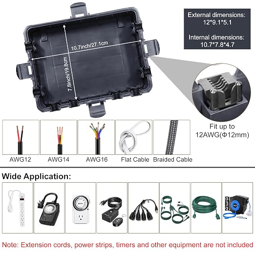 Waterproof Electrical Box, Large Outdoor Extension Cord Covers Waterproof, 8 Cable Seal Entry Weatherproof, IP54 Protect Power Strip, Timer Outlet Plug, Socket, Holiday Light Decoration (Slate Gray)