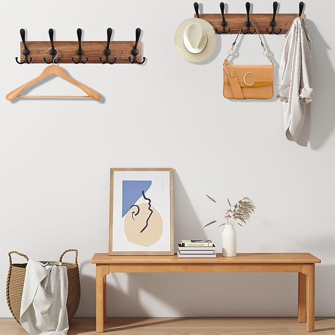 Kuhome 2pcs Coat Rack Wall Mount Wooden Hat Rack for Wall Hooks Pine Real Wood Plank 16.9" Brown Coat Hanger with 5 Triple Hooks for Hanging Coat Hat Jacket