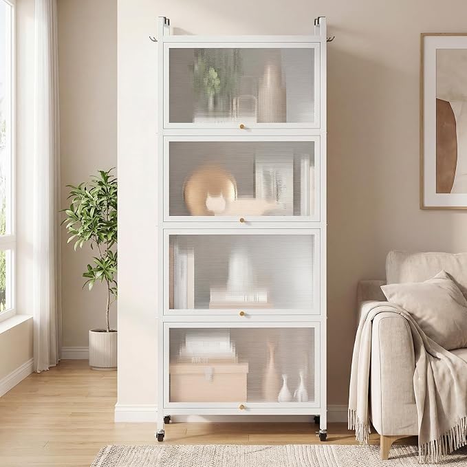Giantex 5-Tier Kitchen Storage Cabinet, Freestanding Metal Pantry Cabinet w/ 4 Flip-up PC Doors, 4 Hooks & Adjustable Feet, 60” Tall Bakers Rack Microwave Stand for Dining Room, Living Room, White