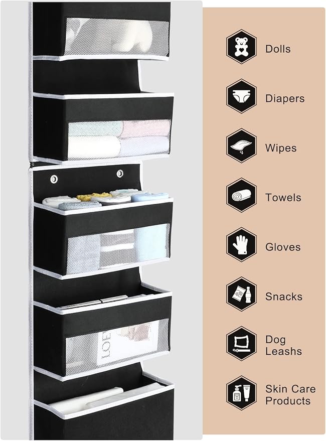 Yecaye 2-in-1 Over The Door Organizer for Nursery Closet Bathroom Dorm | 6 Tier Door Organizer Hanging for Newborn Baby Essentials Pantry, Heavy Duty Behind the Door Storage Stuffed Animal Black