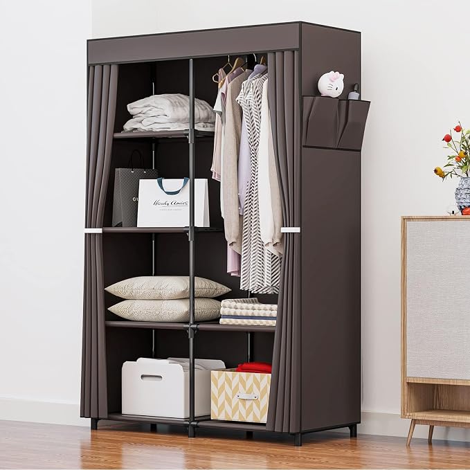 SORCEDAS Portable Closet Wardrobe Organizer Storage with Cover Non-Woben Fabric Portable Wardrobe Closet for Hanging Clothes Racks Shelving 33 Inch for Bedroom, Blue (Coffee, 33Inch)