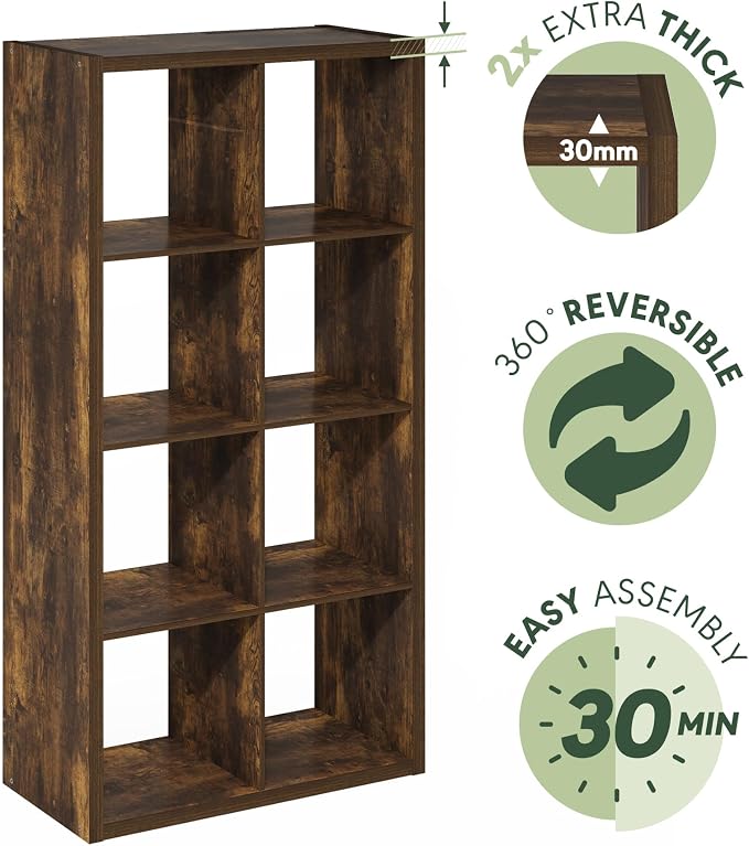 Furinno Cubicle 8-Cube Book Shelf, Extra Thick Frame Bookshelf, Amber Pine | 14.6" x 30" x 58", Horizontally & Vertically Reversible Bookcase with Open Back, for Living Room, Bedroom, Home Office