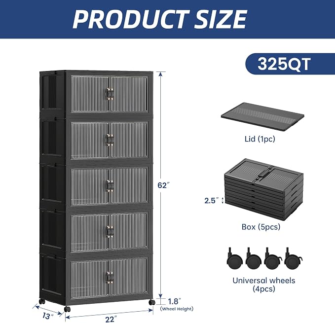 SAILUN 81Gal/325Qt Stackable Storage Bins Folding Collapsible Storage Bins with Lid, Closet Organizers and Storage Box with Door Black 22" W x 13" D x 62" H