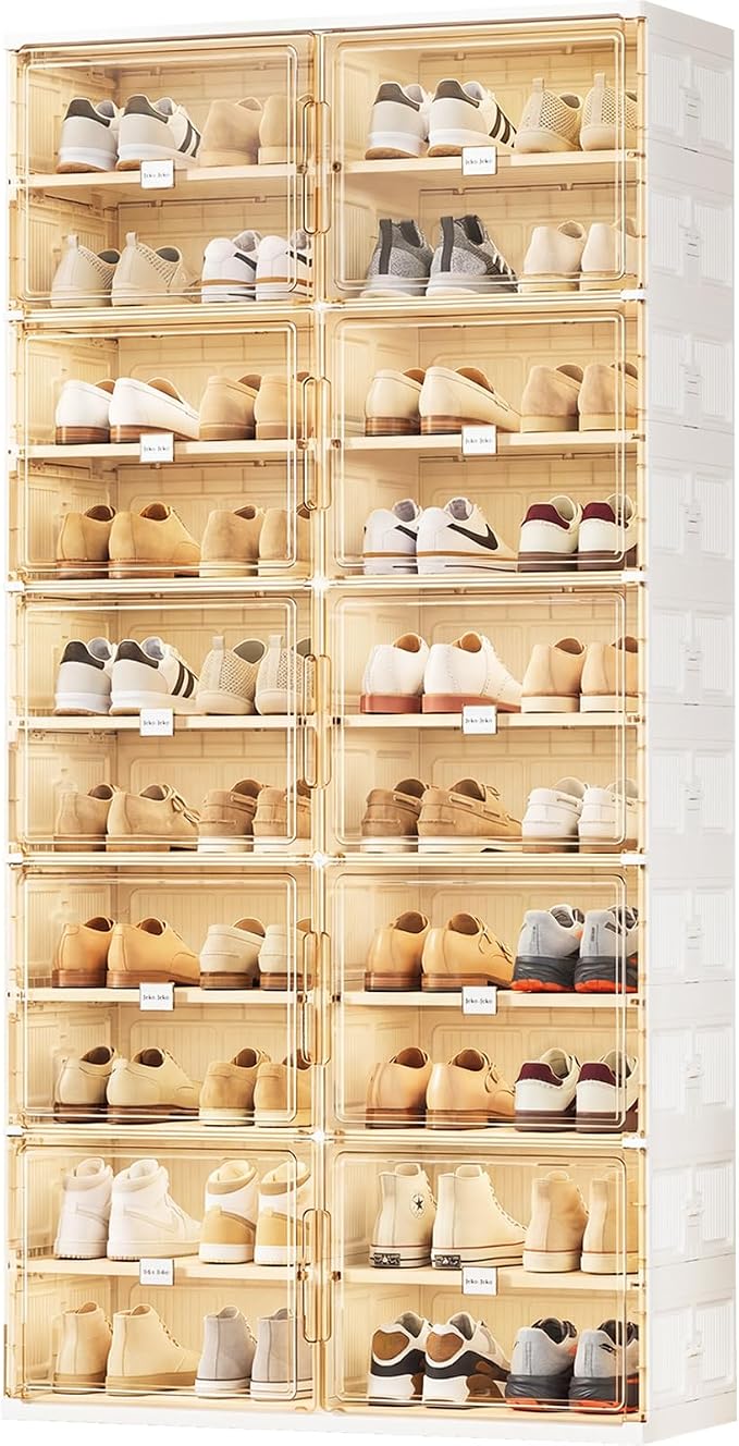 JEKO&JEKO 10 Tiers Foldable Shoe Rack Organizer Cabinet for Closet Entryway, Large Collapsible Shoe Storage Box with Magnetic Doors Fits Up to 40 Pairs (White)