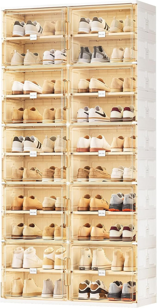 JEKO&JEKO 10 Tiers Foldable Shoe Rack Organizer Cabinet for Closet Entryway, Large Collapsible Shoe Storage Box with Magnetic Doors Fits Up to 40 Pairs (White)